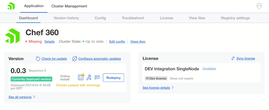 “Chef 360 Platform Admin Console dashboard showing the installed version of Chef 360 Platform.”